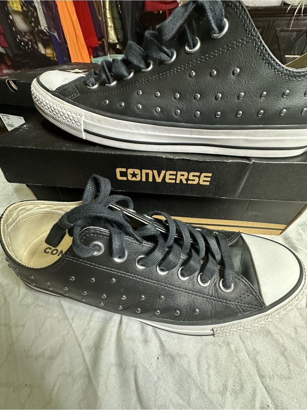 Converse Women’s Low Top Leather Sneakers - Black studded